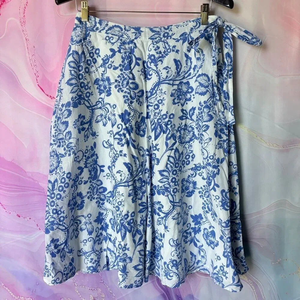 LK Bennett 6 Blue White Floral Midi Skirt Cotton Cottagecore Preppy Luxury Retro